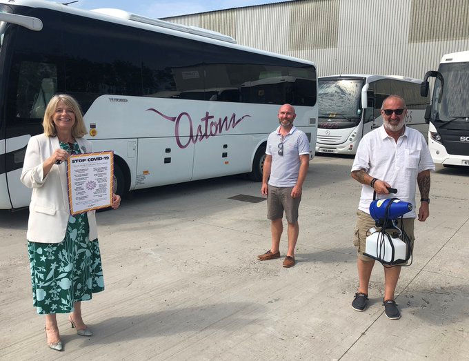 Harriett Baldwin MP gets a demonstration of Aston Coaches viral disinfectant fogging kit with Jon Elsdon and Richard Conway