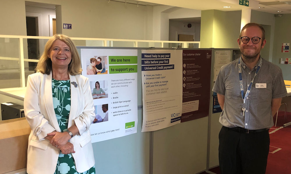 Harriett Baldwin MP at the Malvern JobCentre with James Griffiths