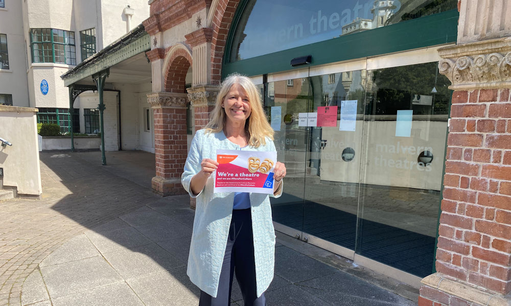 Harriett Baldwin MP outside the popular Malvern Theatre as it prepares to re-open for paying customers next month