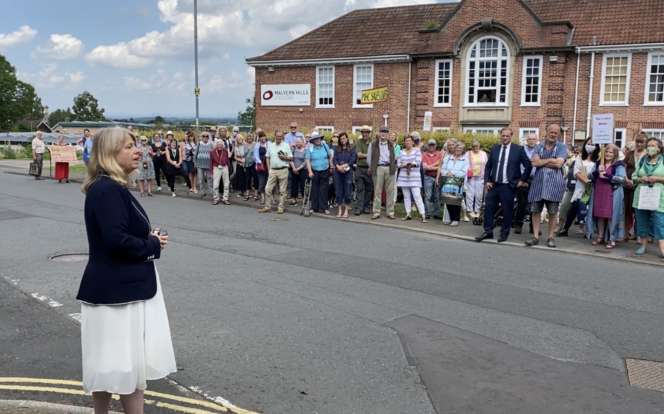 Harriett Baldwin MP addresses students, supporters and staff at the end of term at Malvern Hills college on Albert Road North.