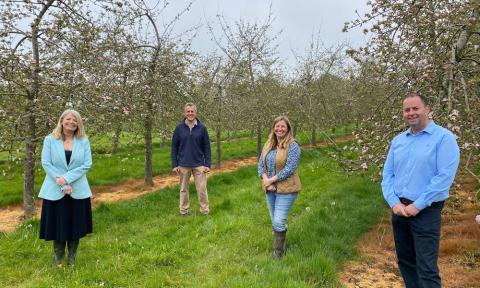 Harriett Baldwin MP, Bruce and Sarah Starkey and Mark Hopper at Commonwood Farm, in Knighton on Teme