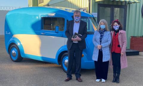 Harriett Baldwin MP with the prototype Morris Commercial electric van. Pictured (l-r) John Killick, Harriett Baldwin MP, Dr Qu Li. 