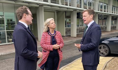 Tom Tugendhat with Dame Harriett Baldwin and Malvern Hills Science Park chief executive Alan White